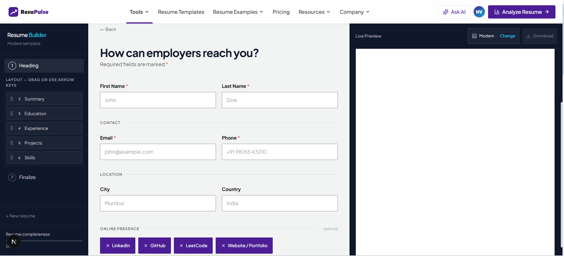 Interactive Real-Time Resume Builder